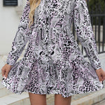 A-Line Long Sleeves Buttoned Pleated Snakeskin Printed Split-Joint Lapel Mini Dresses Shirt Dress