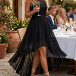 A-Line High Waisted Pleated See-Through Split-Joint Tied Waist Round-Neck Maxi Dresses