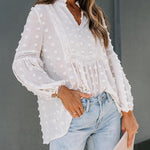 Zeagoo Zeagoo Women's Chiffon Blouses Lantern Long Sleeve V Neck Flowy Babydoll Boho Tops Pom Pom Shirts