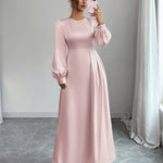 A-Line Elasticated Waist Asymmetric Pleated Solid Color Split-Joint Round-Neck Maxi Dresses