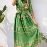 A-Line Half Sleeves Buttoned Tied Waist Lapel Midi Dresses