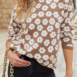 Mock Neck Floral Print Knitted Sweater Color Block Light Weight Sweater