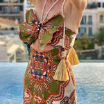 Rosalyn Unique Print 3D Butterfly Cutout Tassle Strap Halter Maxi Dress