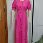 Puff Sleeves Short Sleeves Buttoned Solid Color Round-Neck Midi Dresses Shirt Dress