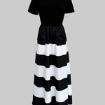 A-Line High Waisted Contrast Color Pleated Pockets Round-Neck Maxi Dresses