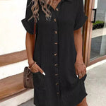 Loose Short Sleeves Pleated Split-Joint Lapel Mini Dresses Shirt Dress
