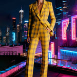 Elasticated Waist High Waisted Buttoned Contrast Color Plaid Split-Joint Notched Collar Blazer Outerwear