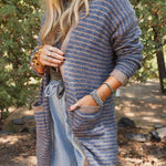 Fashion Contrast Striped Loose Long-sleeved Mid-length Knitted Cardigan