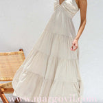 Margovil V Neck Ruffle Trim Tiered Sleeveless Linen Maxi Dress (2 Colors)