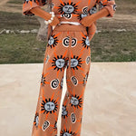 Mediterranean Art Knit Unique Sun Vortex Print Elastic Waist Wide Leg Pants