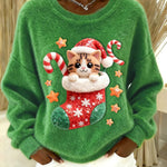 Women's Vintage Christmas Cute Cat Print Sweater