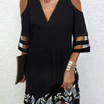 Half Sleeves Loose Hollow Leaves Print Mesh Split-Joint Cold Shoulder Mini Dresses