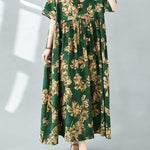 Half Sleeves Loose Flower Print Pleated Pockets Round-neck Midi Dresses