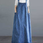 A-Line Loose Pleated Pockets Split-Joint Spaghetti-Neck Maxi Dresses Suspender Dress