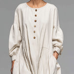 Loose Round-neck Button-front Double-pocket Cotton Long-sleeved Midi Dress