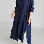 Simple Long Sleeves Split-Side Solid Color Lapel Midi Dresses Shirt Dress