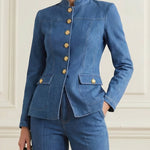 Long Sleeves Buttoned Pockets Solid Color Stand Collar Outerwear