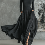 Women's Fashion All Black Skinny Turtleneck T-shirt Pleated Skirt Set