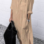 Elegant Solid Color Slit Shirt Dress