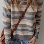 Gray Striped Ribbed Edge Round Neck Sweater