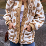 Light French Beige Cute Flower Pattern Button Up Fleece Jacket