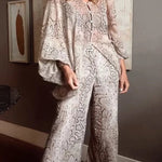 Iselle Animal Print Button Up Batwing Sleeve Shirt and Elastic Waist Wide Leg Pants Set