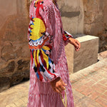 Red and white striped print long dress