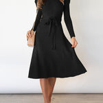 High Waisted Long Sleeves Solid Color Tied Waist Round-Neck Midi Dresses Sweater Dresses