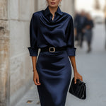 Elegant Satin Draped-Collar Midi Dress With Black Belt