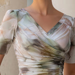 Print Ruched V-Neck Short-Sleeves Fitted Top