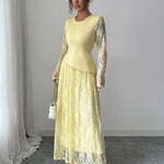 A-Line Irregularity Asymmetric Flower Print Layered See-Through Solid Color Split-Joint Round-Neck Maxi Dresses