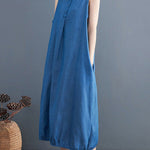 A-Line Loose Buttoned Pleated Solid Color Round-Neck Midi Dresses