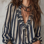 Bohemian Striped Chiffon Blouse With Ruffles