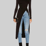 Simple Skinny Split-Side Solid Color High-Neck T-Shirts Tops