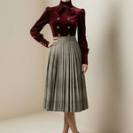 Long Sleeves Puff Sleeves Bow-Embellished Buttoned Contrast Color Pleated Split-Joint High Neck Blouses&Shirts Tops