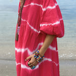 Striped tie-dye bubble half-sleeve V-neck casual dress