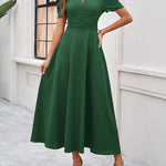 A-Line High Waisted Pleated Solid Color Zipper V-Neck Maxi Dresses