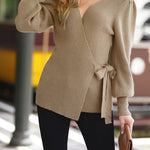Sexy V Neck Balloon Sleeve Ribbed Wrap Knit Pullover Sweater