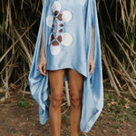 Luisa Satin Floral Print Pleated High-neck Batwing Cutout Sleeve Loose Cape Mini Dress