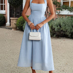 A-Line High Waisted Backless Pleated Solid Color Zipper Halter-Neck Midi Dresses