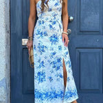 Elegant Vacation Shoulder Slit Print Two-piece Set