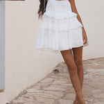 High Waisted Loose Backless Layered Pleated Solid Color Tied Spaghetti-Neck Mini Dresses