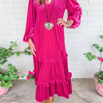 Rose Red Shirred V Neck Long Sleeve Velvet Dress