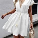 A-Line Elasticated Waist Contrast Color Drawstring Hollow Split-Joint Tasseled Tied V-Neck Mini Dresses