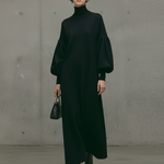 Women's Modern Black Turtleneck Puff-Sleeve Sweatshirt Maxi Dress
