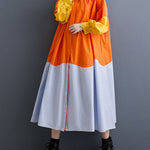 Loose Puff Sleeves Contrast Color Pleated Split-Joint Lapel Midi Dresses Shirt Dress