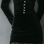 Chic Pleat Waist Black Velvet Mini Dress With Lace Trim