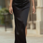 Black Satin Lapel-Neck Sleeveless Maxi Dress With Side Slit