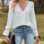 Zeagoo Zeagoo Women's Crochet Lace Basic V-Neck Shirts Elegant Long Sleeve Tunic Blouse Tops