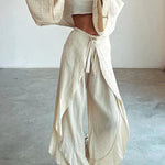 Ideal for Holidays Linen Blend Crop Top and Elastic Waist Tie-up Ruffle Pants Set